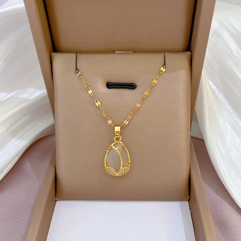 Titanium Steel Light Luxury Full Diamond Micro-Inlaid Zircon Tulip Opal Necklace Copper Electroplated Real Gold Pendant