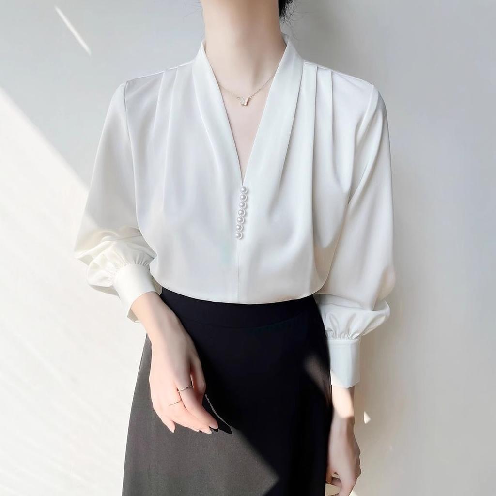 Spring/Summer V-neck Chiffon Shirt for Women OL Professional Long Sleeve Shirt for Women