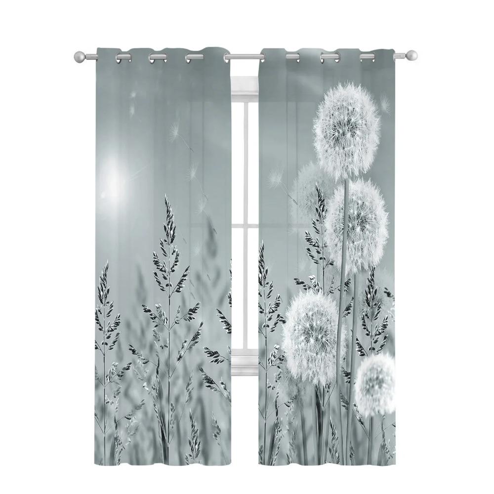 Green Plant Grey Dandelion Soft Tulle Transparent Curtains Perfect for Living Room Decoration Window Panel Curtain Perfect for Bedroom Kitchen Voile