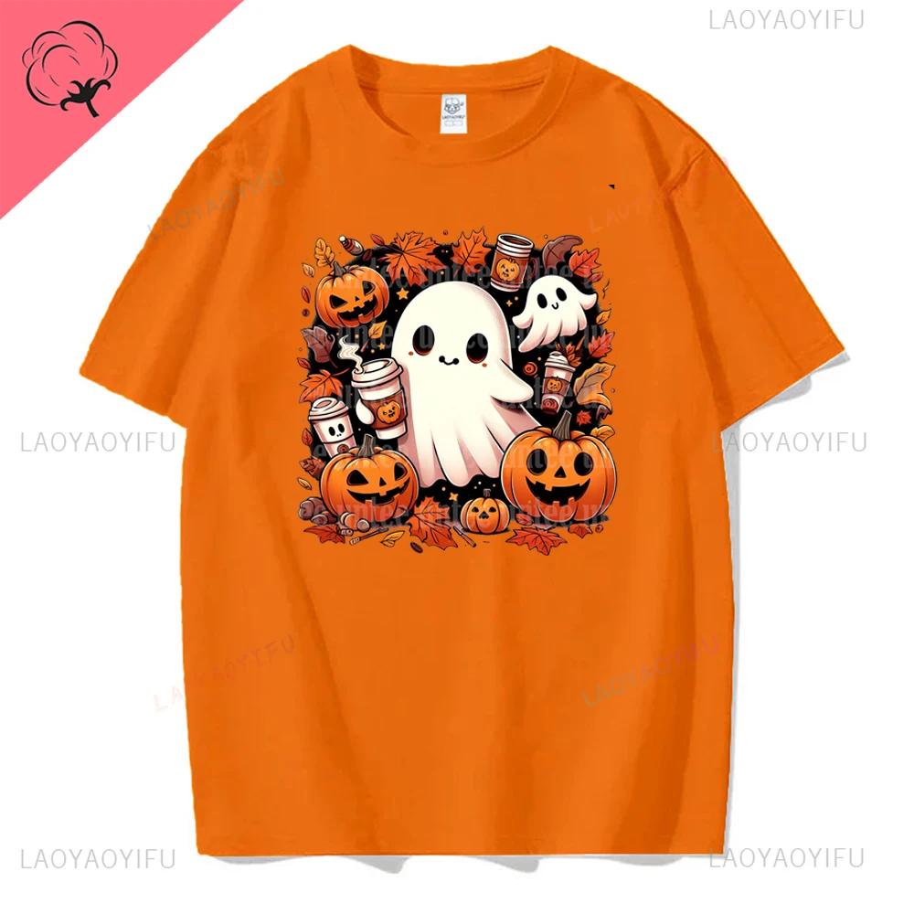 Jack Lanterns  Women Ghost Pumpkin Bat Skeleton Print Round Neck Pullovers Cotton Shirt Graphic T Shirts Y2k Top Harajuku Tops