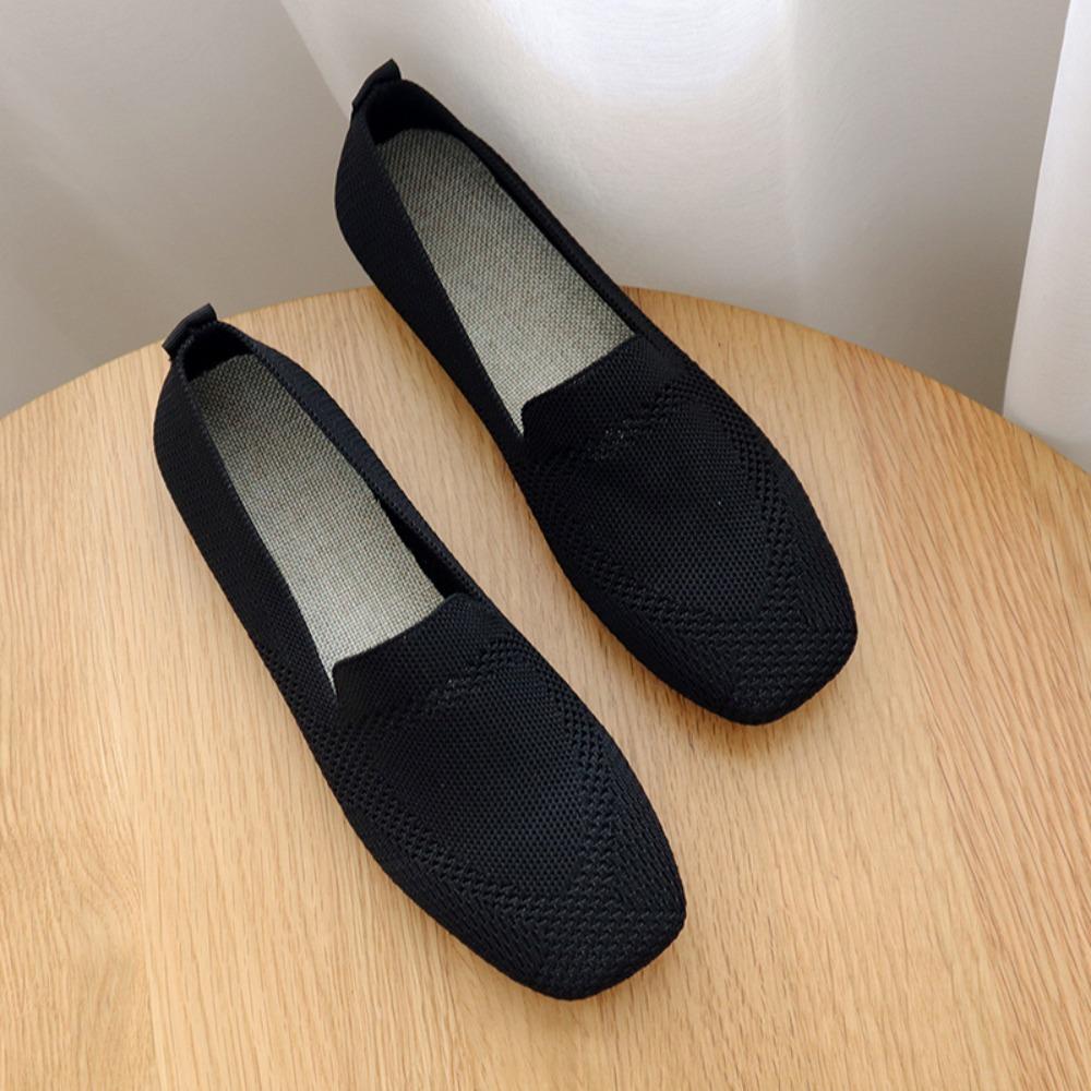 Fashion Womens Knitted Fabric Flat Shoes 2025 Spring Autumn Square Toe Soft Sole Comfortable Big Size Flats Shoe Women Ladies Shoes