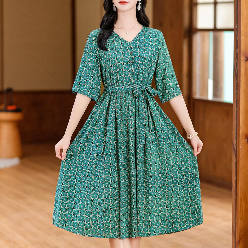 Elegant Women's Summer Dress Plus Size Half Sleeve Vintage Print Long Dresses Female Summer Clothes