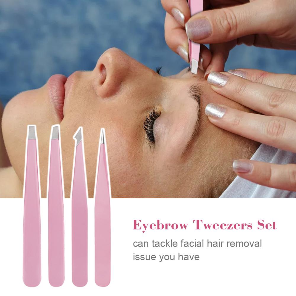 Eyebrow Tweezers Set with Storage Case 4PCS Daily Beauty Tools for Eyebrow Makeup & Hair Removal Stainless Steel Eye
