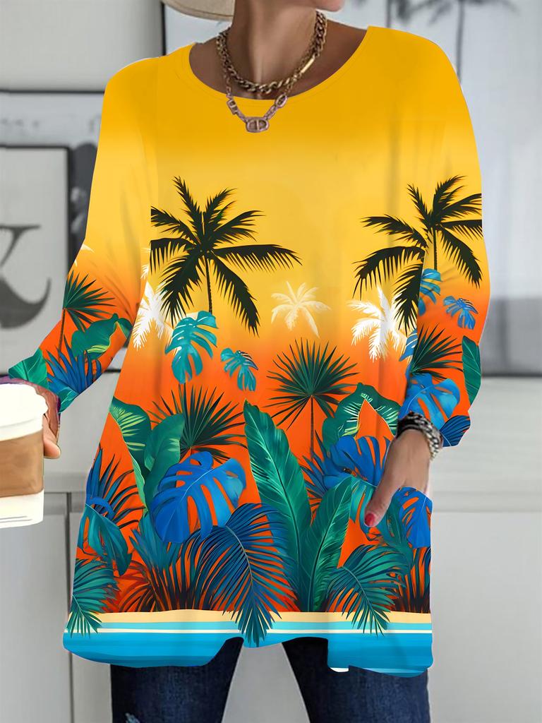 2025 Autumn Winter New Plus Size Women's Tops, Retro Pattern 3D Print Fashion Crew Neck Long Sleeve T-Shirts