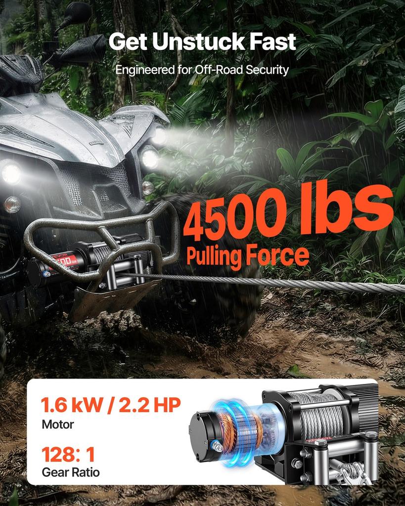 2041 kg Electric Winch, 12V DC ATV/UTV Winch with 6 mm x 12 m Steel Wire Rope, Wireless & Wired Remote Control, IP54 Waterproof, Roller Fairlead Mount