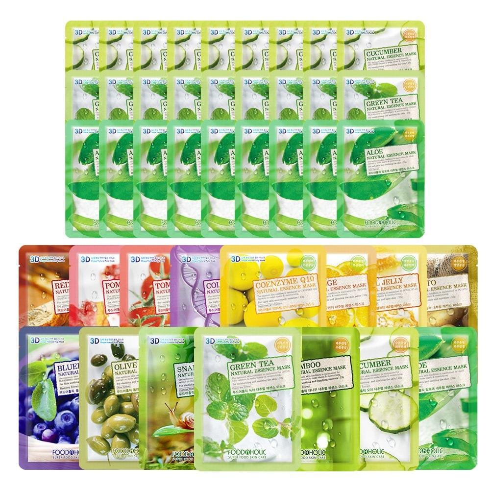 FoodaHolic (30 Sheets) 3D Natural Essence Mask Pack Monthly Composition / 1 Pack Per Day Moisturizing, Soothing Nutrition