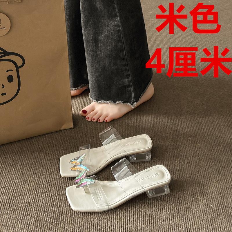 Fairy Wind Transparent Crystal Thick Heel Outer Slippers 2025 Summer New Bow Square Toe One-word Sandals