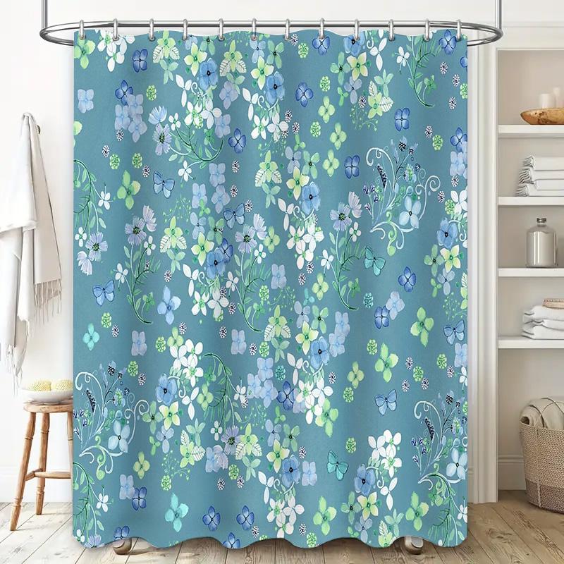 Blumen Duschvorhang Wasserdicht Natur Botanisch Blau Grün Bäume Pflanzen Badezimmer Dekor Vintage Bauernhaus Ästhetik Heimtextil