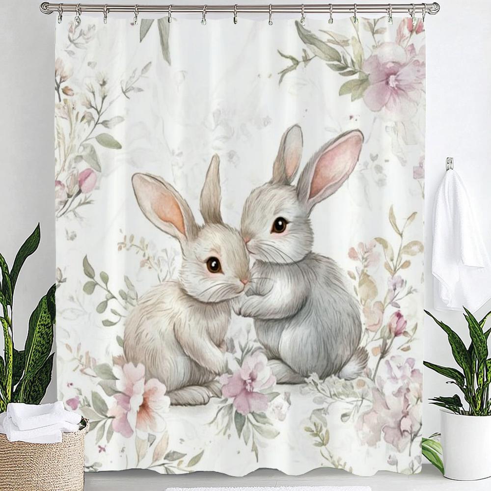1pc Cute Rabbit Cheerful Shower Curtain, Flower Plant Print Waterproof Shower Partition Privacy Hanging Curtain with Hooks