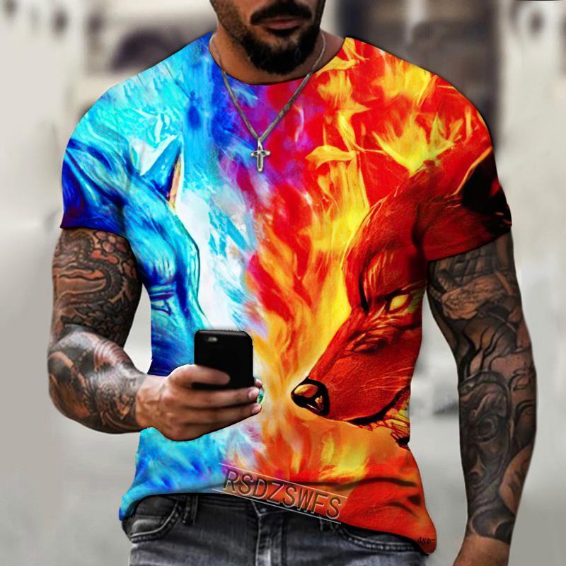 

Мужская футболка с 3D-печатью Ice and Fire Wolf Horror Series Fierce Werewolf Street Cool T-Shirts 6XL