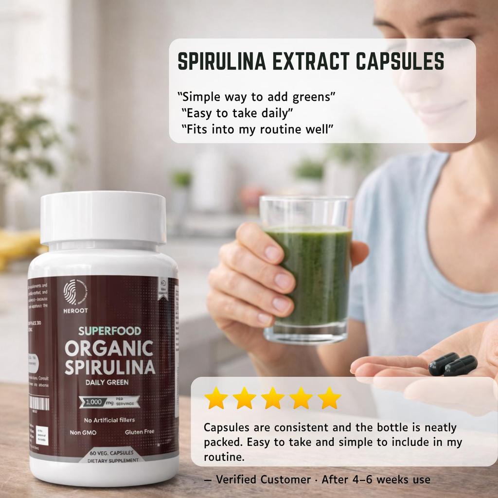 Heroot Spirulina 1000mg Veg Capsules | 100% Pure Algae Powder | 60 Capsules