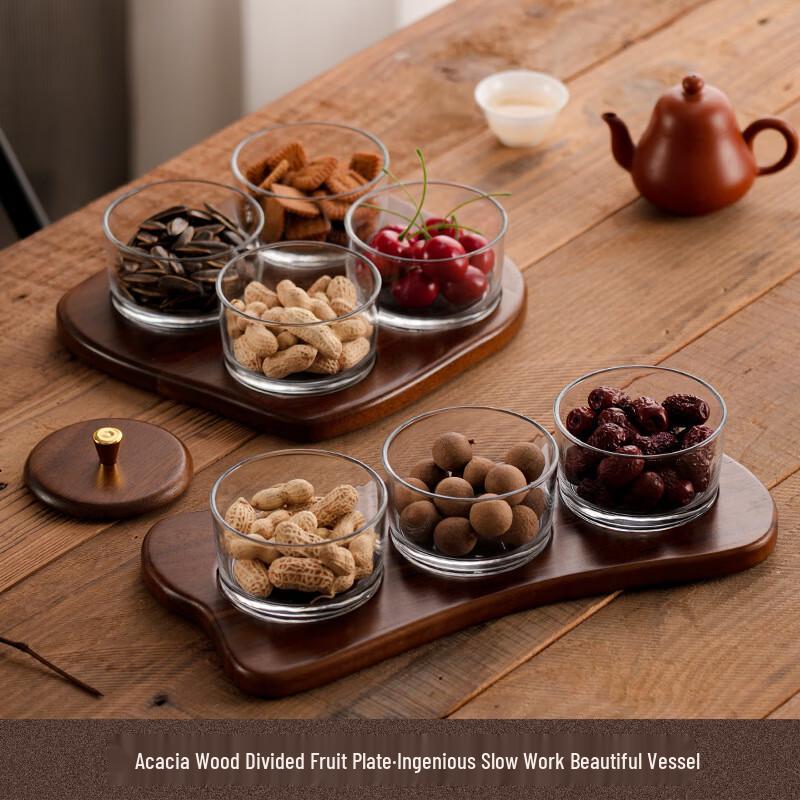 Acacia Wood Divided Snack & Fruit Tray with Lid