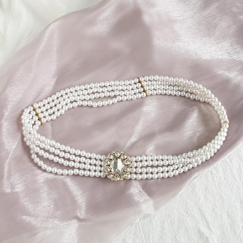 Spring and Summer Pearl Waist Chain Women's Decorative Belt with Dress Thin Elastic Waist Seal Versatile Korean Version Sweet and Elegant