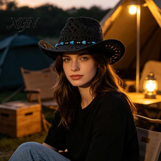Ležérní kovbojský klobouk pro ženy, západní styl, slaměný sluneční klobouk se širokou obrubou pro venkovní zahradničení, prodyšný, na pláž, letní cestování, kempování, lehký