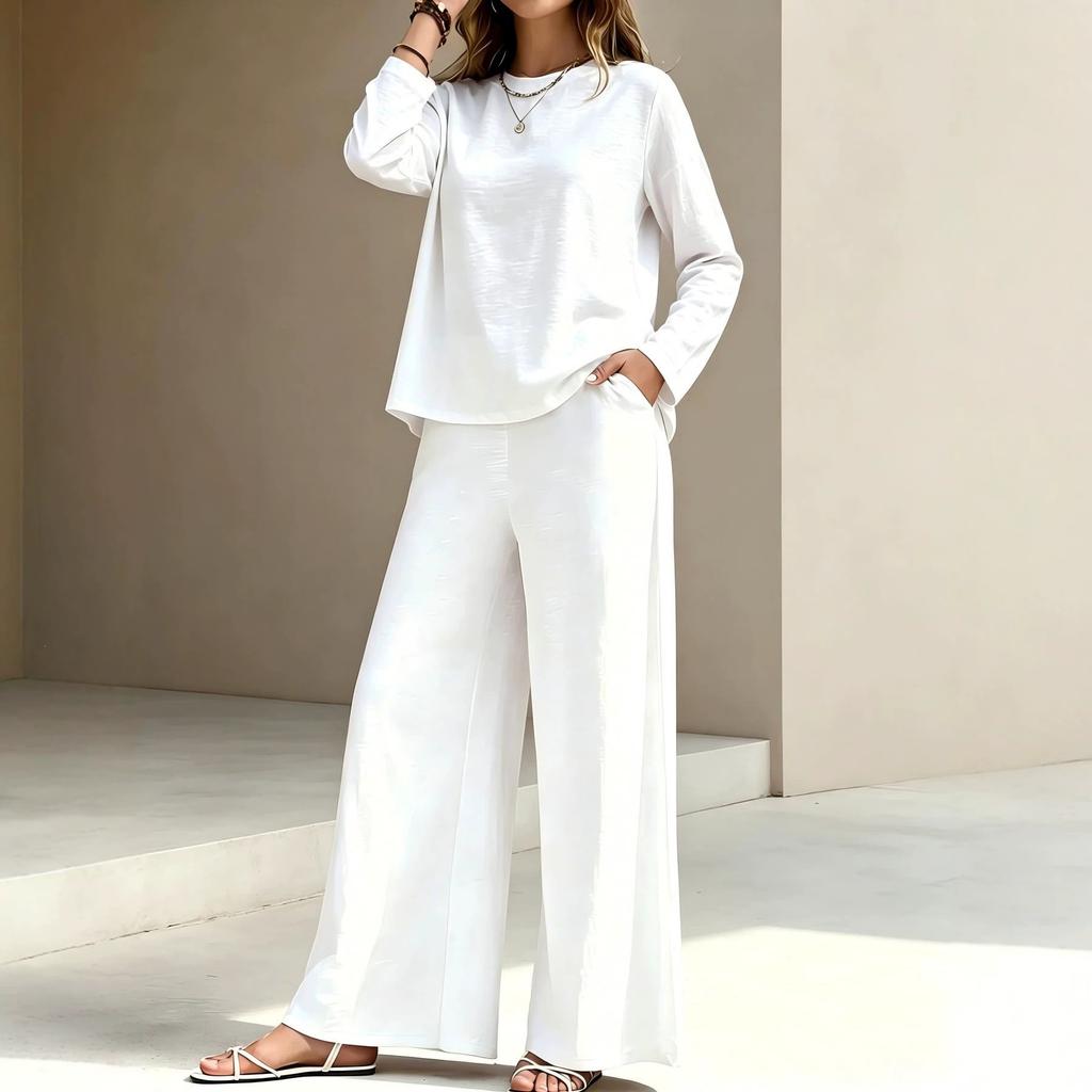 1116 spring and summer new TEMU women's clothing round neck long sleeve high waist wide leg pants fashion casual suit