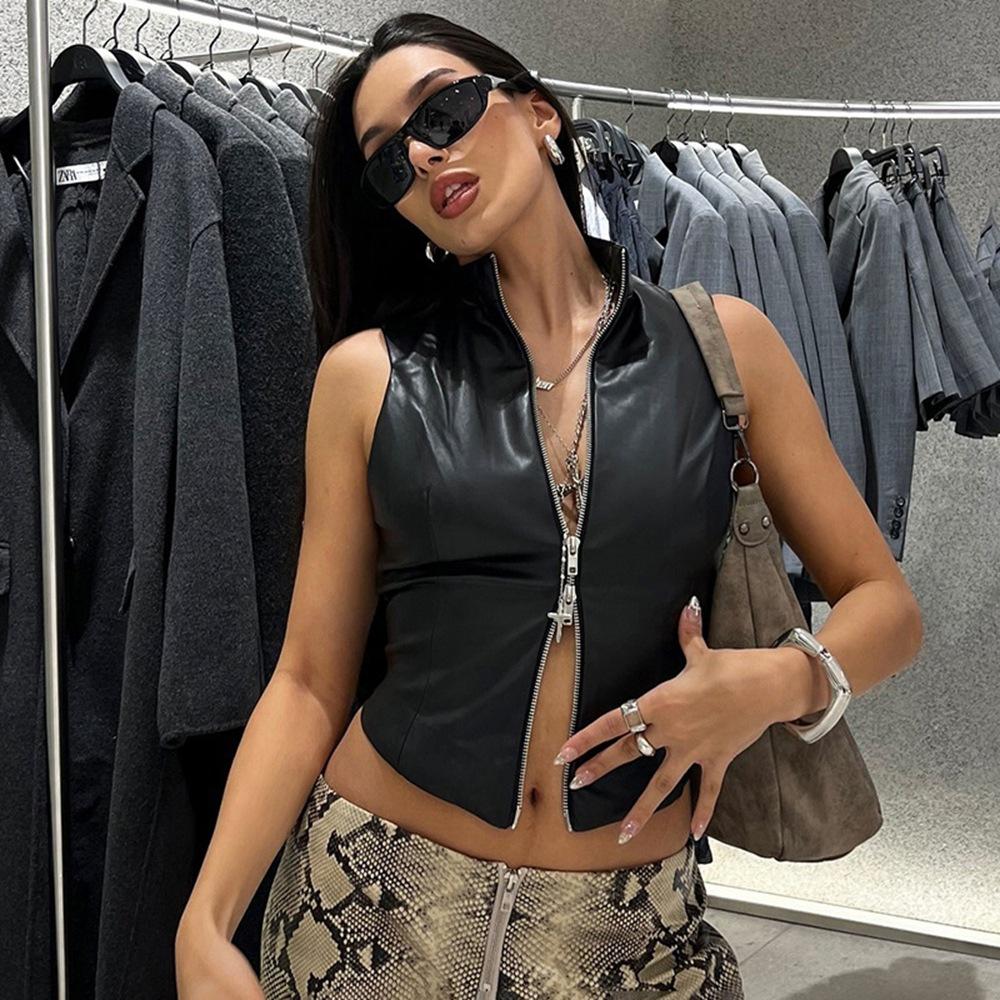 European and American autumn new women's fashionable stand-collar sexy backless slim fit and cropped PU small tank top