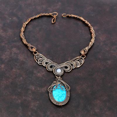 Arizona Turquoise Gemstone Necklace Copper Wire Wrapped Necklace Rainbow Moonstone Necklace Copper Jewelry Handmade Necklace Gift For Mother