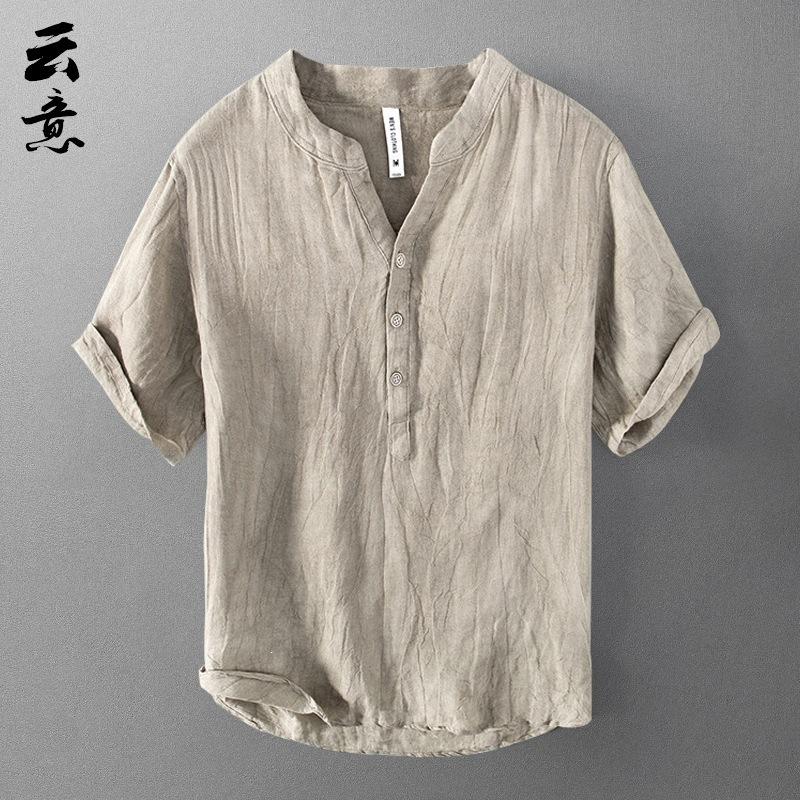 Mens Light Blue Linen Blend Henley Neck Short Sleeve Shirt