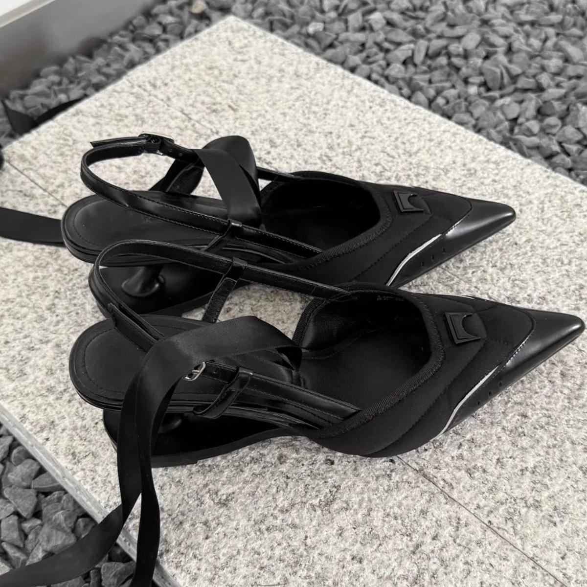 

Mary Jane Bow Knot Shoes Fashion Spliced Heel Sexy Lady Pumps New Pointed Toe Back Empty Casual Summer High Heels Sandals 40 чорний