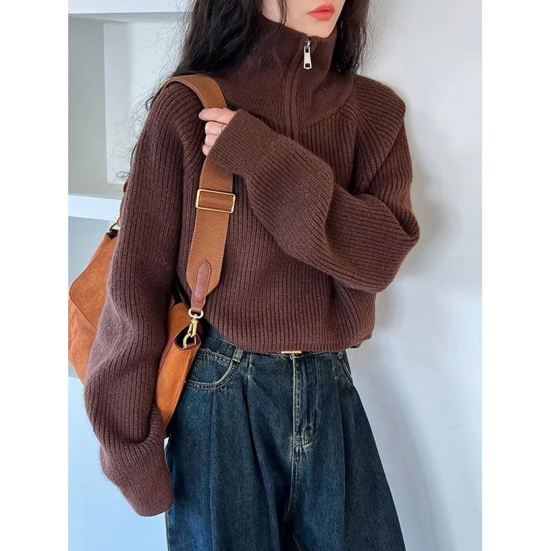 Women's Loose Knitted Pullovers Half Zipper Autumn Winter Turtleneck Sweaters Casual Comfortable Full Sleeve