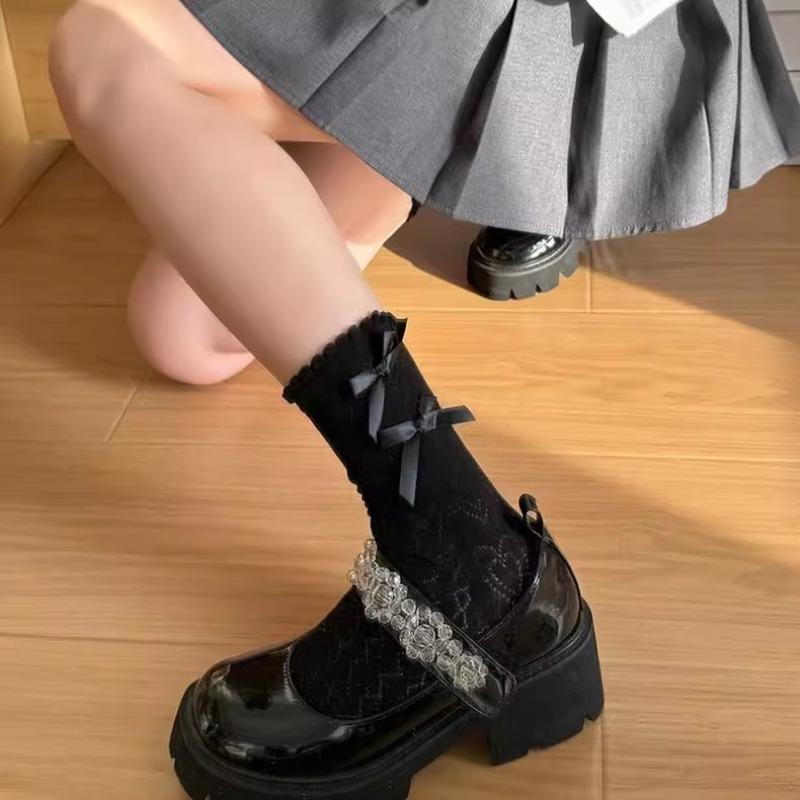 

Женские весенне-летние тонкие носки-гольфы из сетки с бантом и кружевом 1 pair чёрный