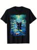 Monet's Schwarze Katze & Seerosen Grafik-T-Shirt - Unisex Lässiges Baumwoll-T-Shirt, Rel