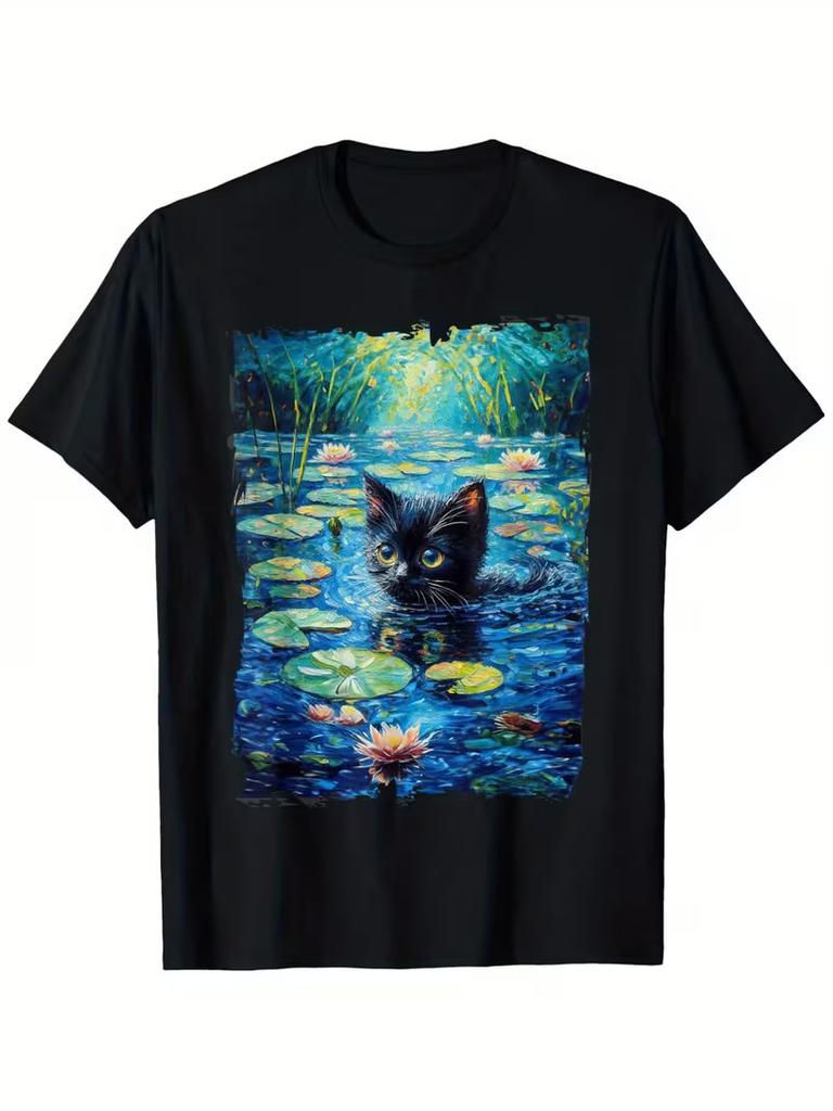 T-shirt Graphique Chat Noir & Nymphéas de Monet - T-shirt Casual en Coton Unisexe, Rel