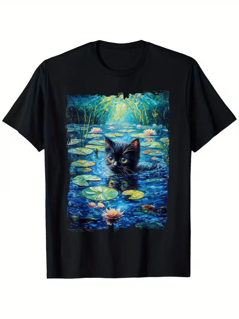 Monet s Black Cat & Water Lilies Graphic T-Shirt - Unisex Casual Cotton Tee, Rel Unisex T-Shirt XXXXL