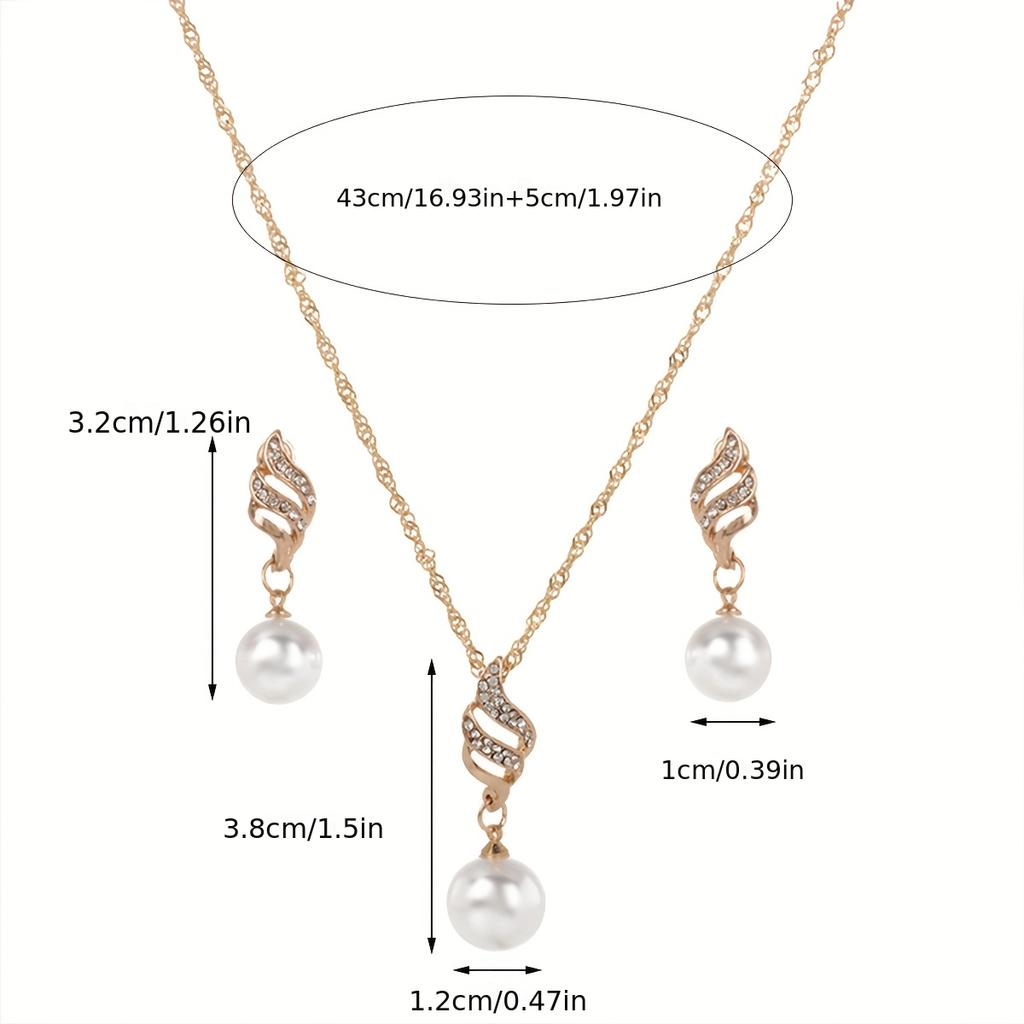 Simple faux pearl pendant necklace and earrings inlaid with rhinestones, creative spiral-shaped bridal accessories to match wedding dresses, suitable