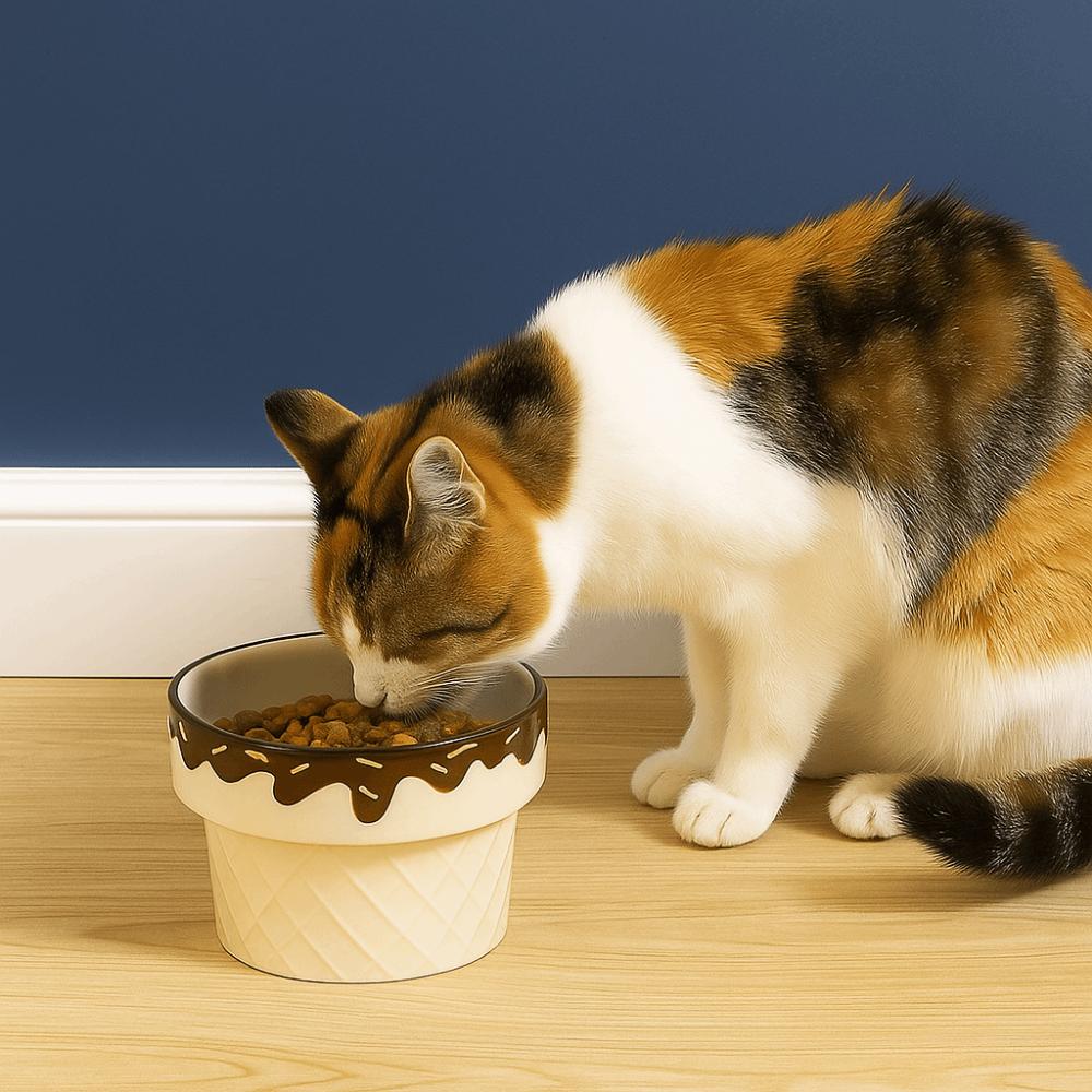 Large Diameter Cat Food Bowl Ice Cream Shape Elevated Cat Bowl Ceramic Cat Bowl  For Cats and Dogs