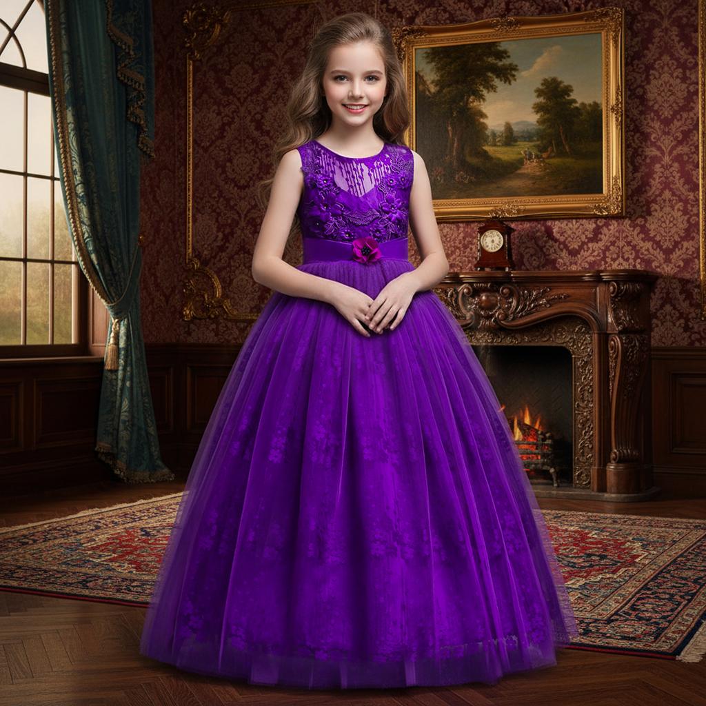 Děti 4-14 let Dívky Svatební Květinové šaty Elegantní Princezna Party Slavnostní šaty Bez rukávů Krajkový Tyl Dlouhé šaty