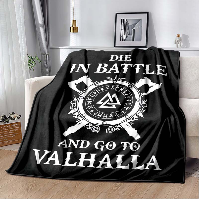 Viking Compass and Norse Runes Print Flannel Blanket, Victory or Valhalla Throw Blanket 80cm x 120cm
