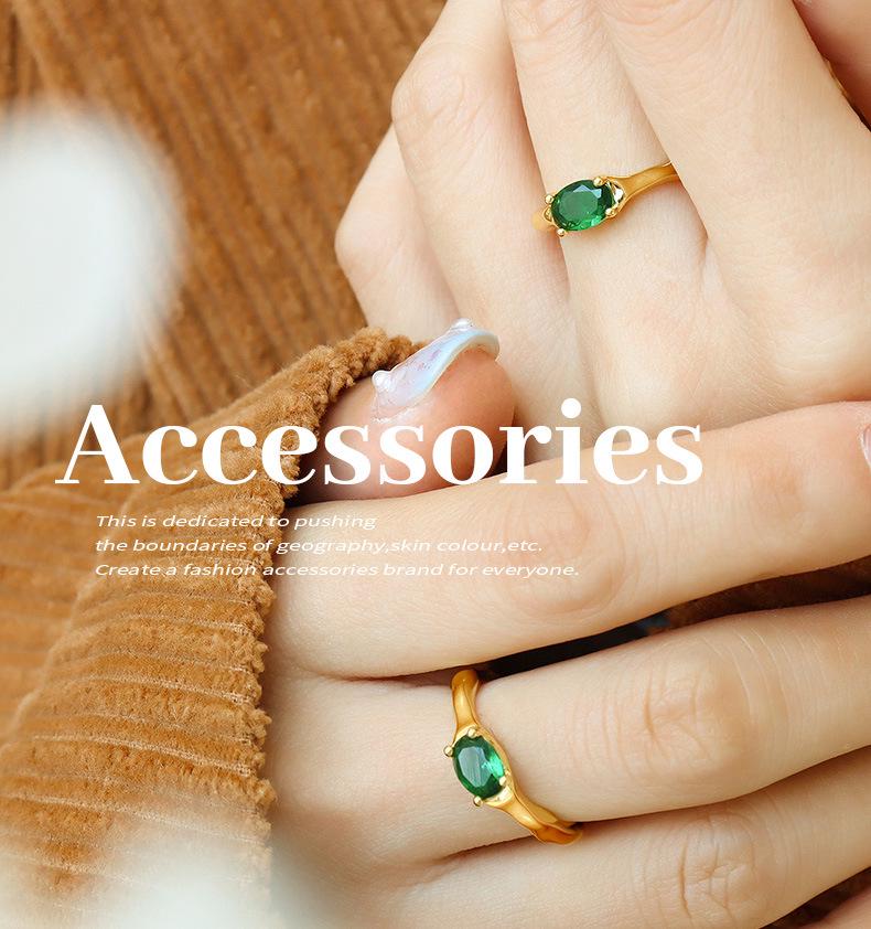 Korean-Inspired Brass Ring Set with Oval Emerald Zircon: Unique Design for Couples