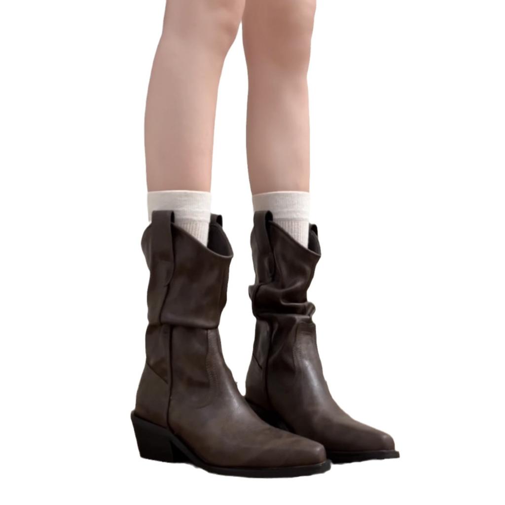 Cowhide Version Leather Slim Pointed Thick Heel Short Women's Autumn and Winter New Stacking Western Cowboy Martin