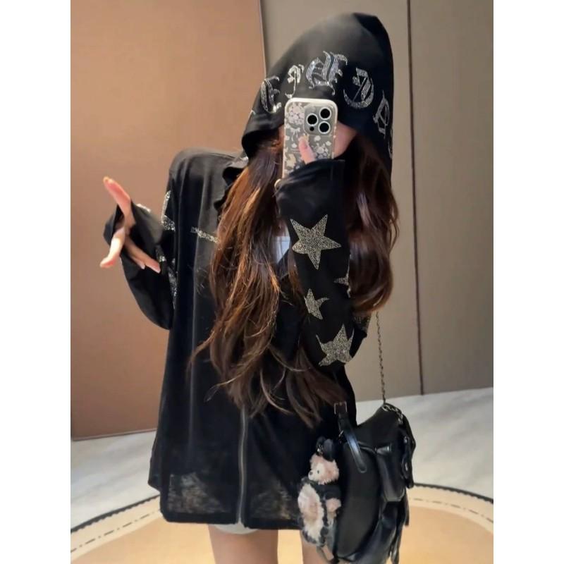 Giacca da Donna Oversize con Cappuccio e Decorazioni di Strass a Stella 3D, Leggera, Manica Lunga, Top da Esterno