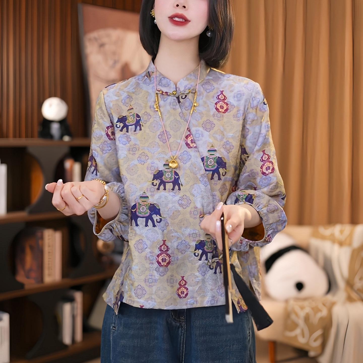 

Women s Purple Jacquard Three-Quarter Sleeve Tang Style Shirt for Spring/Summer with Frog Buttons for Mother s Day 3XL (70-78kg)