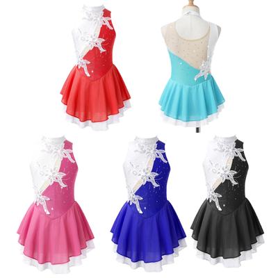 Kids Girls Stylish Skating Clothing Sleeveless Hollow Back Shiny Sequins Floral Decor Dance Dress