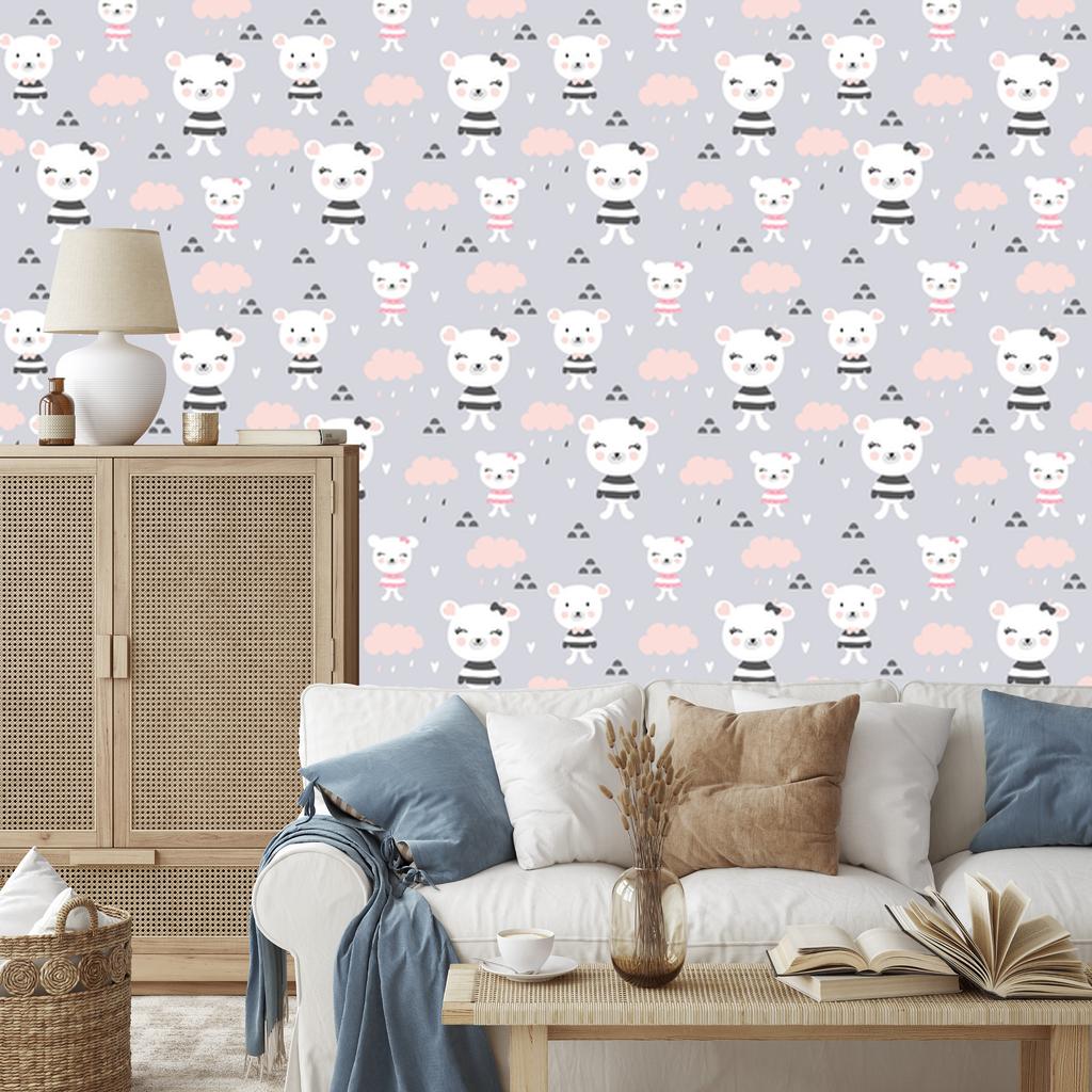 Teddy Bears Clouds Hearts Wallpaper for Living Room and Bedroom 50x1000