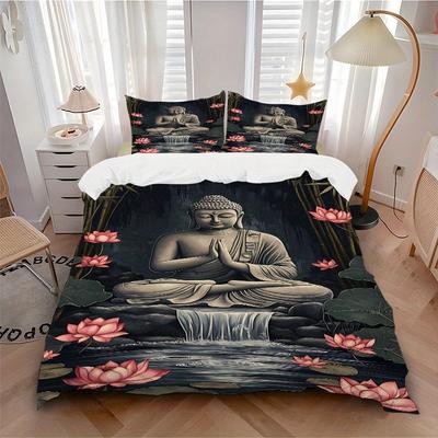 3pcs Buddha Lotus Soft Comfortable Bedding Set, For Bedroom, Guest Room And Dorm, All Season Use, High-Definition Printing, Machine Washable