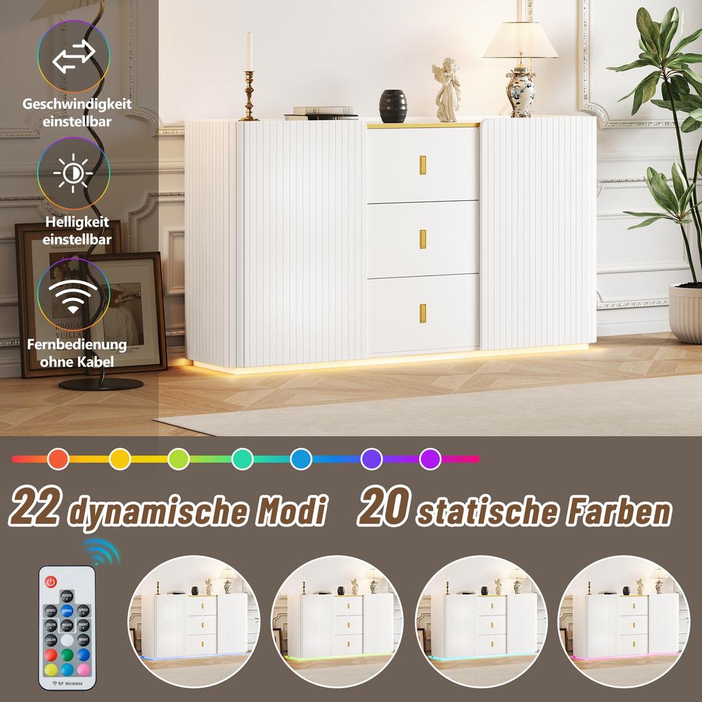 Sideboard LED Lighting, Modern Chest of Drawers 2 Doors & 3 Drawers, Adjustable Shelf, Ample Storage Space, Highboard Living Room, Dining Room, Hallway, White