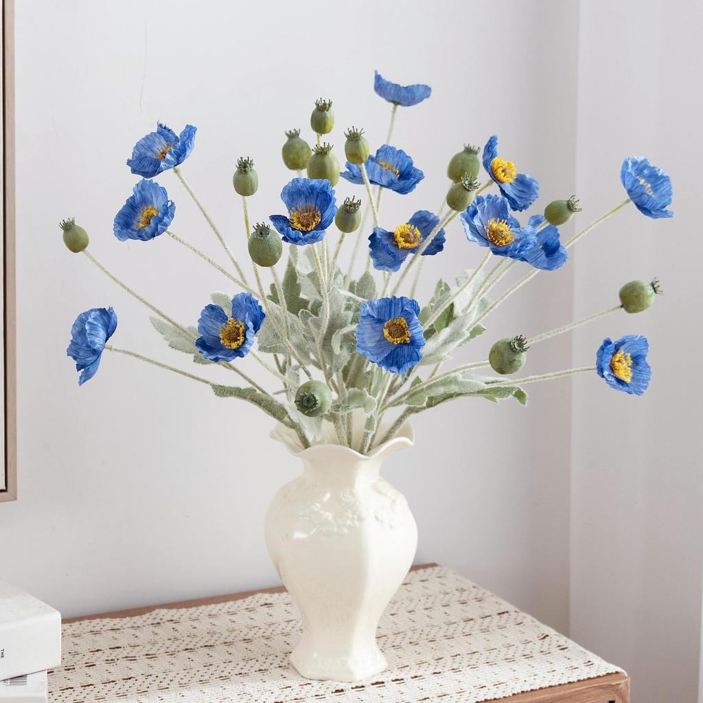 Flocked Poppy Silk Flower - 4-Head Single Stem for Wedding & Home Décor Vase