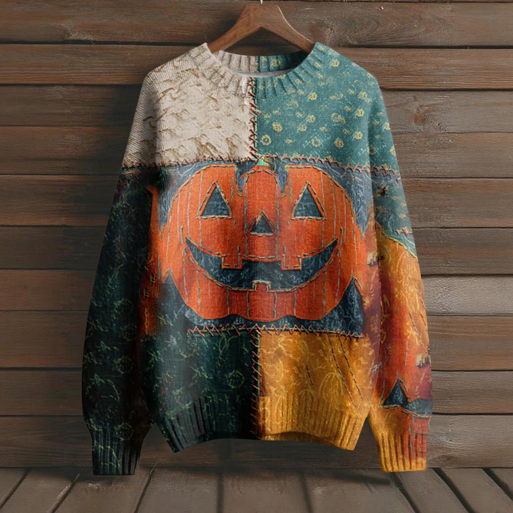 Long Sleeve Pullover Sweaters For Women O Neck Casual Cute Printing Knit Oversized Sweater