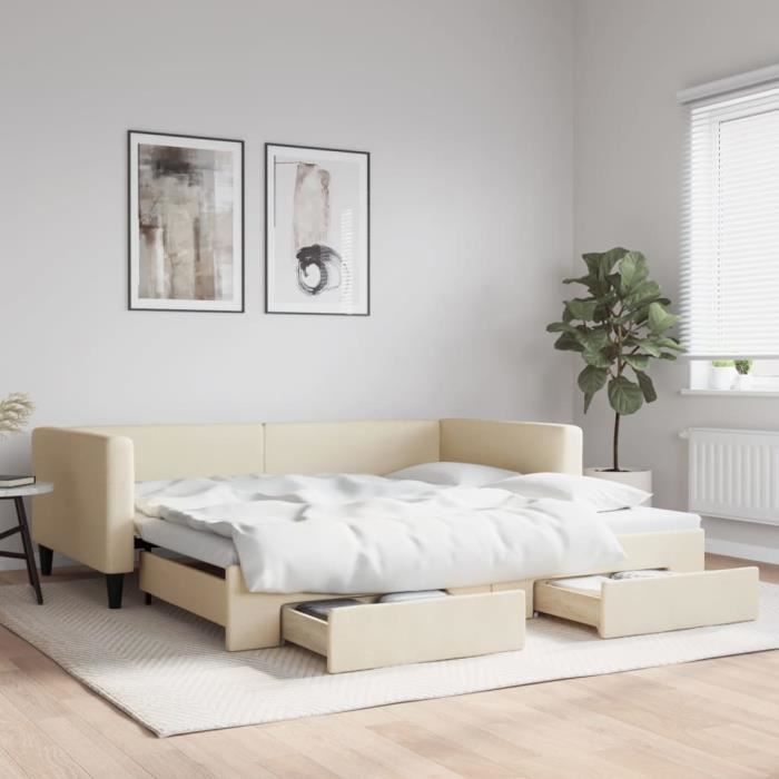VidaXL Daybed with Trundle and Drawers Cream 100x200 Cm Fabric 3196623