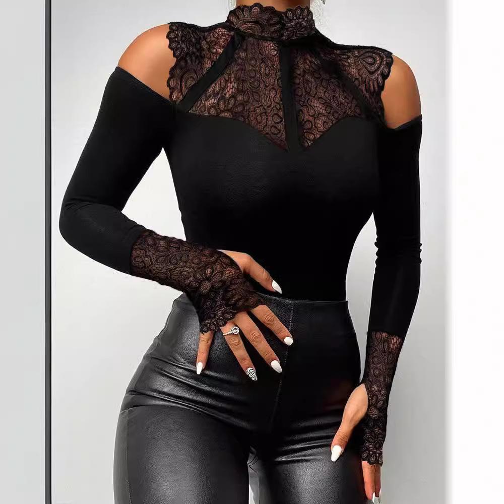 Dámský body s vysokým límcem a dlouhým rukávem, úzký střih, odhalená ramena, patchwork krajky, jarní elegantní top