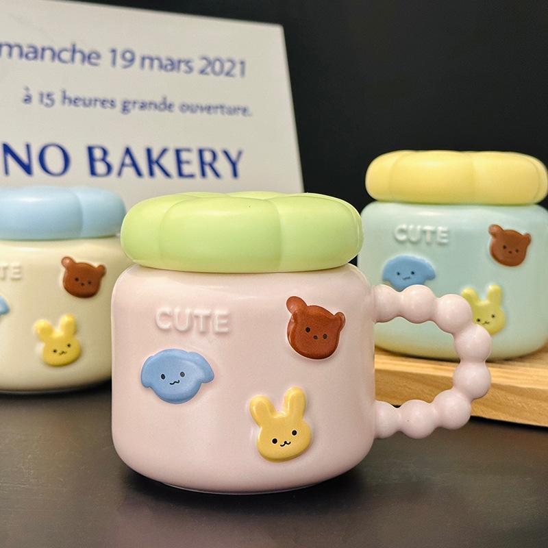 Cute Cartoon Animal Ceramic Mug with Lid High Value Household Water Cup Breakfast Milk Oatmeal Cup Souvenir