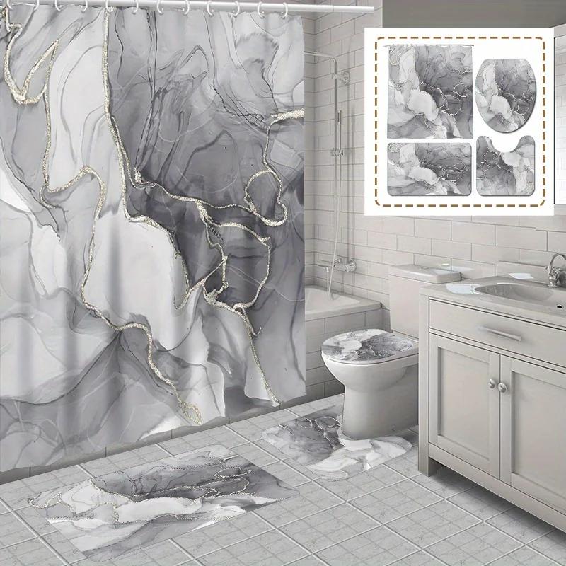 Elegant Marble Design Bathroom Set: Waterproof Shower Curtain, Toilet Seat Cover, Non-Slip Rug, And 12 Hooks - Polyester Fabric,