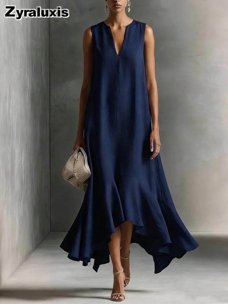 New Fashion Deep V Neck Sleeveless Slim Fit A-Line Dress with Irregular Hem