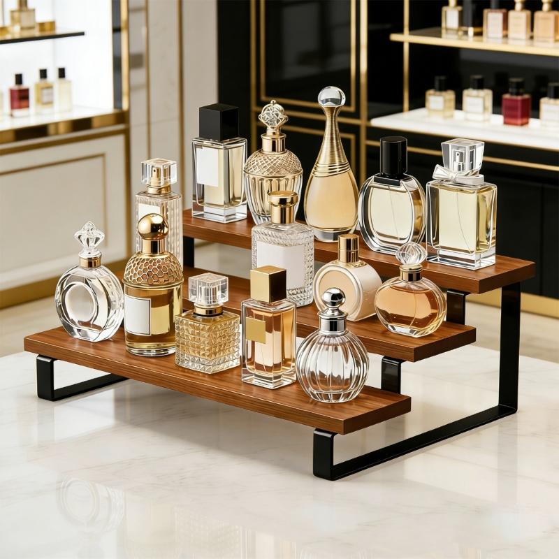 Practical Wood And Metal Constructed Desktop Shelf Unit 3 Tiers Storage Rack For Water Glasses Perfume Bottles