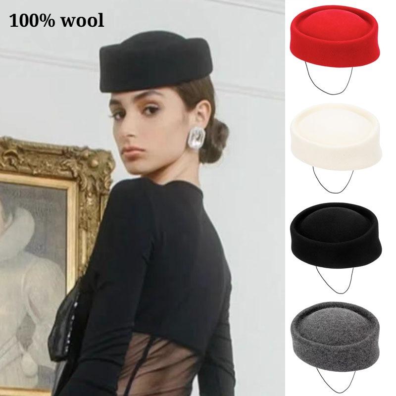 2025 New Ladies 100% Wool Fedoras Hats Concave Top British Vintage Felt Berets Wedding Fascinator Hat Cocktail Party Pillbox Cap