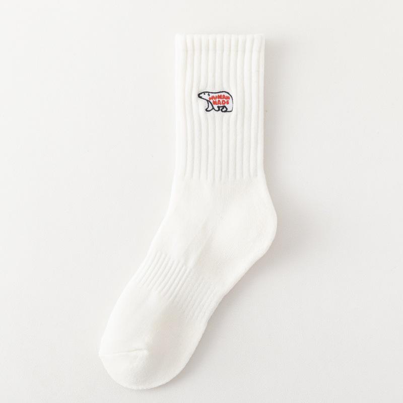 Trendy Japanese Polar Bear Embroidered Mid-Calf Socks - Men's Spring/Fall Casual High-Top Long Sports Socks